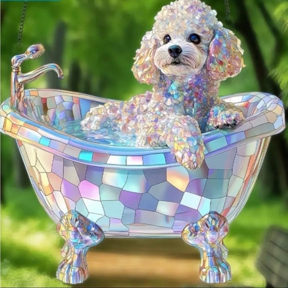 Mosaic Iridescent Bathing Poodle 2 Sided Acrylic Suncatcher With Chain